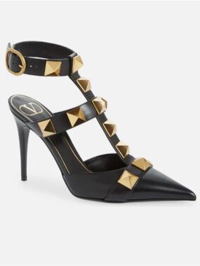 Valentino Garavani Black Leather Pointed T-Strap Heel with Gold Pyramid Studs